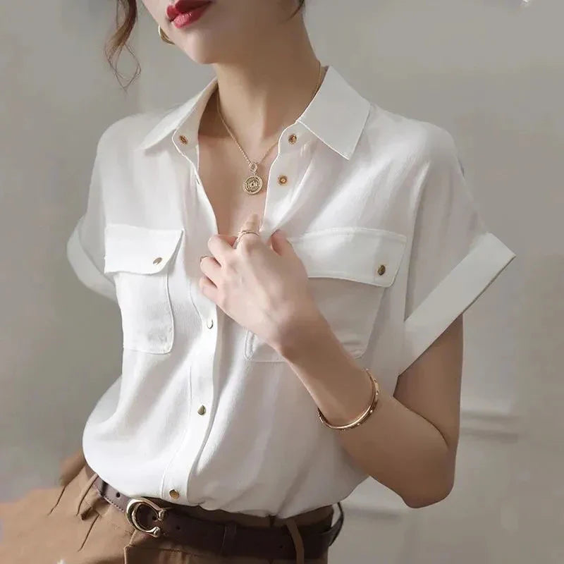 vmtvr Y2K Women Chiffon White Shirt Summer Fashion Metal Button Female Loose Tops Korean Casual Office Ladies Double Pocket Blouse