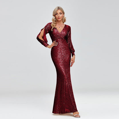 New Women Elegant V-neck Mermaid Evening Dress Floor Length Formal Prom Party Gown Sequins Long Sleeve Galadress Vestidos