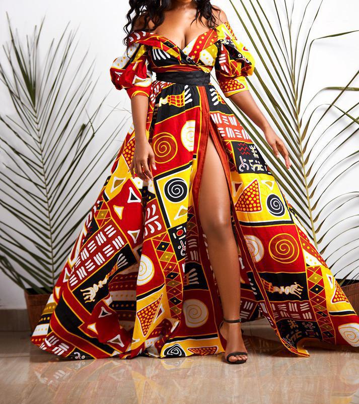 vmtvr Dashiki Print Ankara Dresses African Women Clothes Summer Bohe Sexy V-neck Backless Slit Maxi Dress Kanga Clothing Plus Size