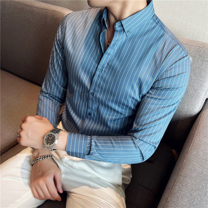 jiaabc British Style Striped Shirts Mens Long Sleeve Silky Slim Casual Shirts Luxury Men Business Social Party Dress Shirt Streetwear