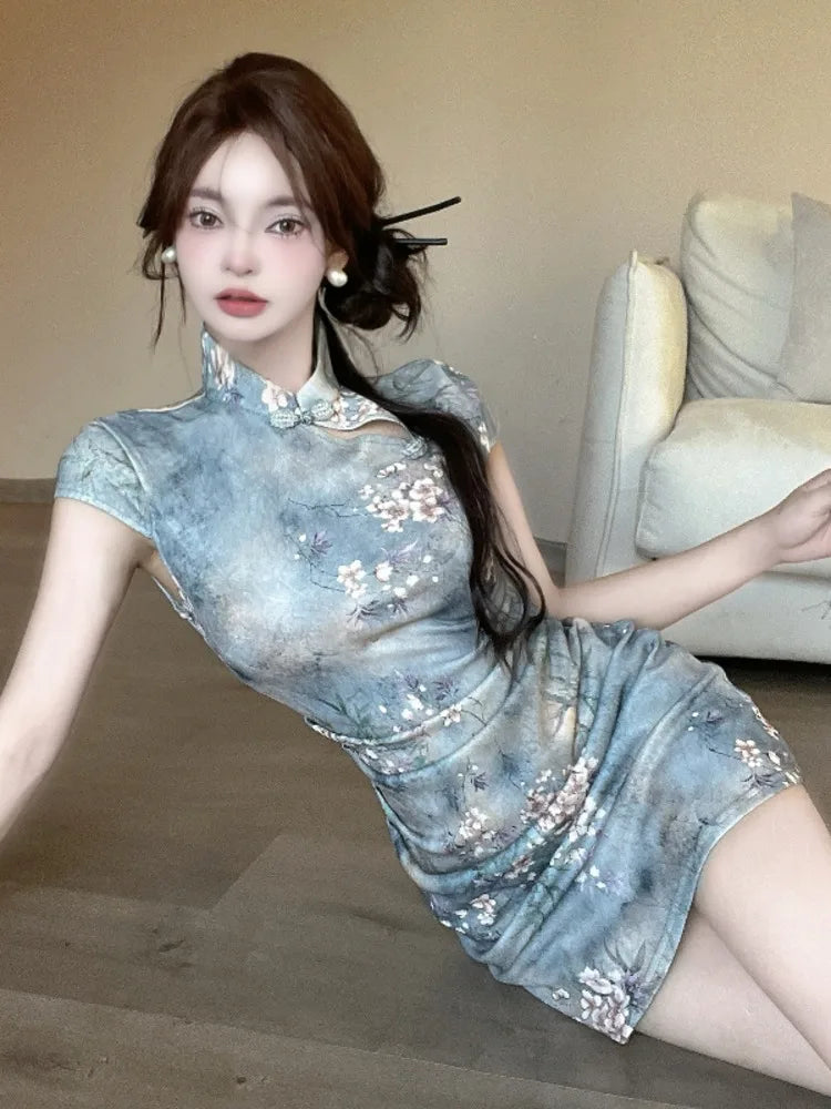 vmtvr  -  New Chinese Style Improved Cheongsam Printed Summer Dresses For Women Slim Waist Sheath Party Dress Vestidos Robe Femme