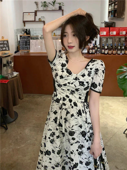 vmtvr High Waist Women Midi Dress Fashion Print Floral Summer Shorts Sleeve Ladies Dress Sexy V Neck Korean Casual Vestidos