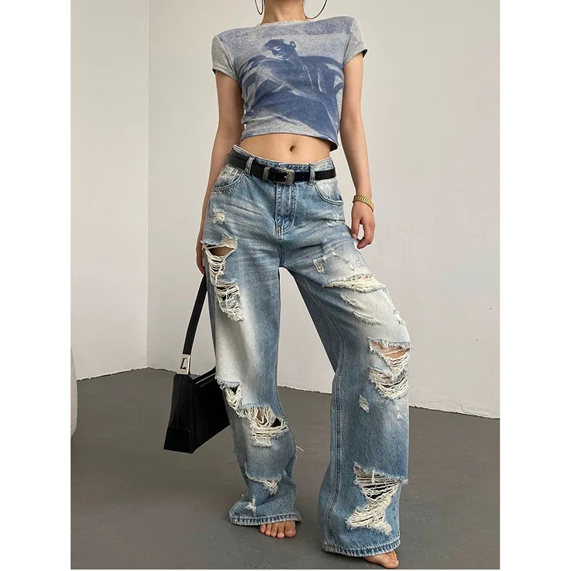 vmtvr Blue Low Waist Women's Jeans Vintage American Fashion Wide Leg Jean Worn-out Y2K Female Denim Trouser Baggy Summer Denim Pants