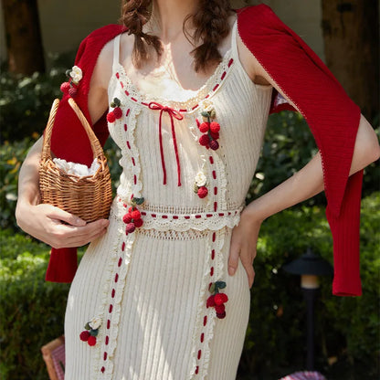 vmtvr Summer Holiday Robe Hand Made Crochet 3D Cherry Knitting Sling Dress Women Spliced Wood ears Bow Waist Midi Long Robe