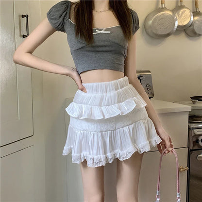 vmtvr Summer Sweet Skirts Women High Waist Slim A-line Gauze Jupe Faldas Mujer Korean Fashion Mini Skirt Black White Y2k Clothes