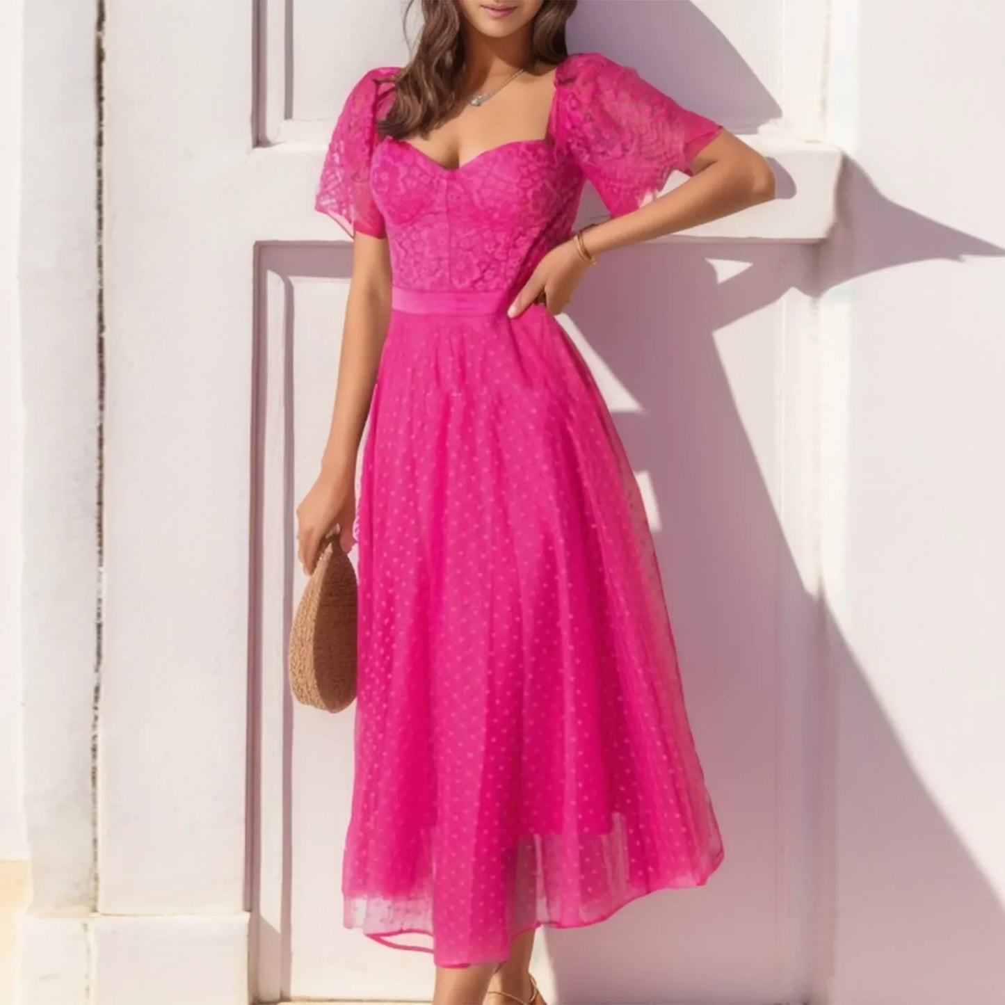 High Waist Vintage Square Collars Tulle Long Dress Summer Women Sexy Short Sleeve Long Dresses Elegant Party Evening Midi Dress