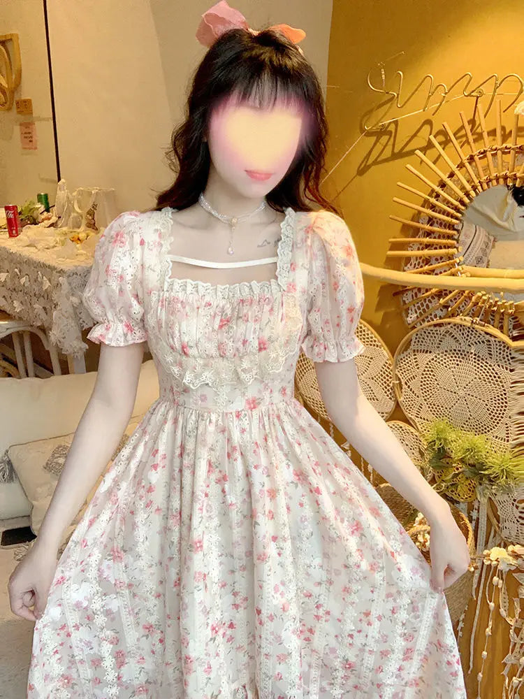 vmtvr Summer Floral Print Dress Women Lace Boho Kawaii Party Dress Female Casual Korean Fashion Holiday Lolita Elegant Midi Dress