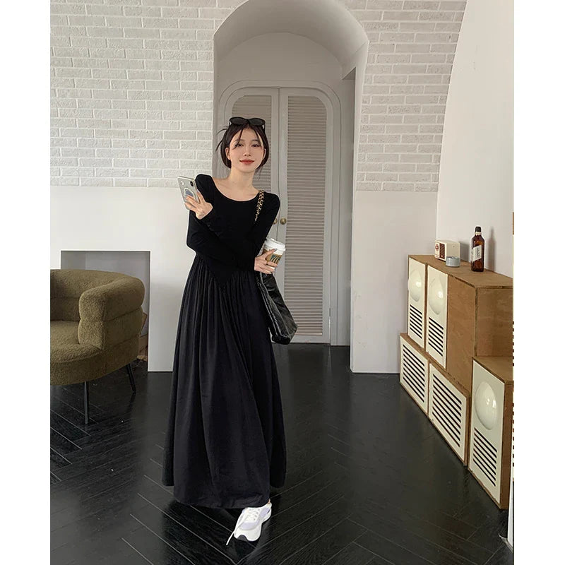 vmtvr Casual Long Dresses For Women Backless Long Sleeve O-Neck Autumn Spring Korean Fashion Solid A-Line Y2K Vestidos Mujer