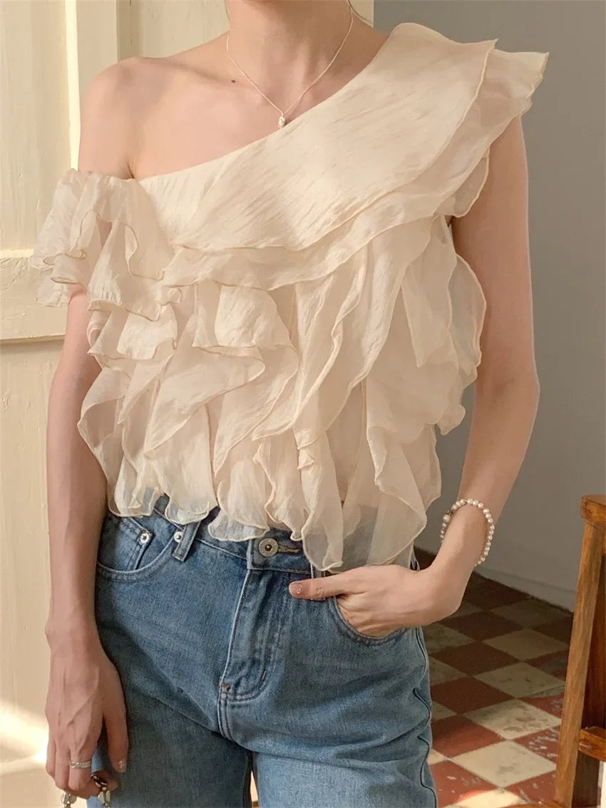 vmtvr S-M Apricot Blouses Ruffles Daily Summer Gentle Skew Collar Tank Tops Slim New Elegant Office Lady Chic Solid