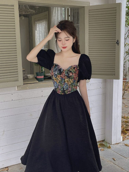 vmtvr - Flower Print Retro Elegant Dress Women Puff Sleeve French Vintage Midi Dress Female Patchwork Designer Princess Sweet Dress