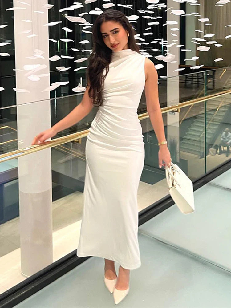 vmtvr  -  Pleated Sleeveless Long Dresses Women Elegant Solid Bodycon Turtleneck  Hip Package White Dress Summer Evening Party Robe