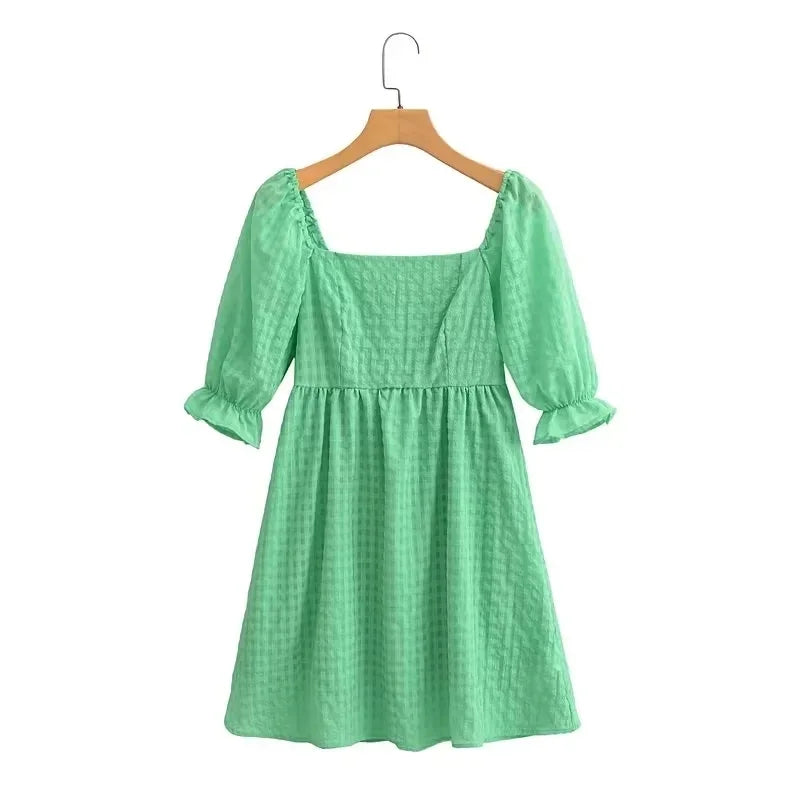 vmtvr   -  Gingham Print Square Collar Green Summer Short Dress A-line Cute Puff Sleeve Fashion Pink Back Smocked Mini Beach Dress