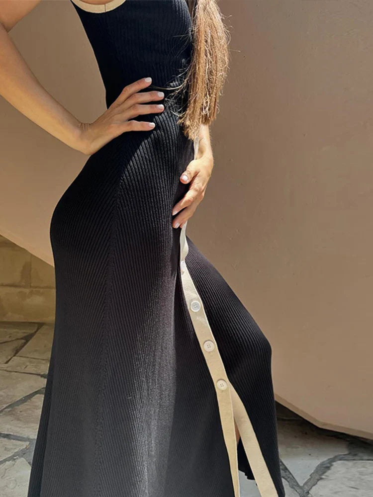 vmtvr  -  Knitted Ribbed Single Breasted Maxi Dress Women Contrast Color V Neck Sleeveless Bodycon Long Dresses Fashion Streetwear