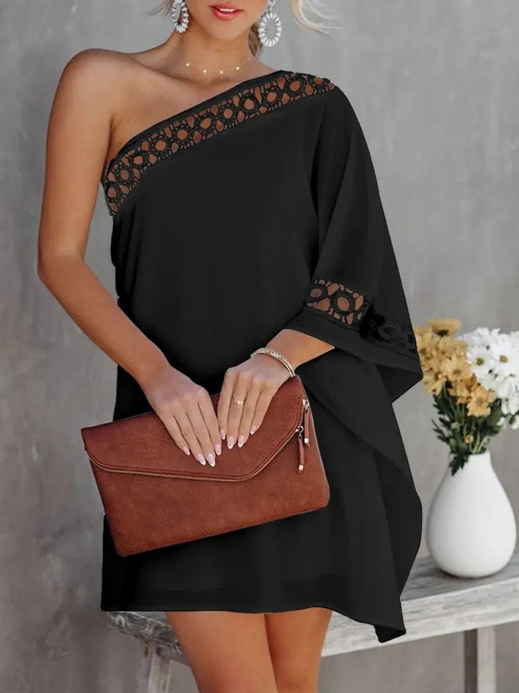 vmtvr Contrast Lace One Shoulder Casual Dress Women Long Sleeve Mini Party Dress