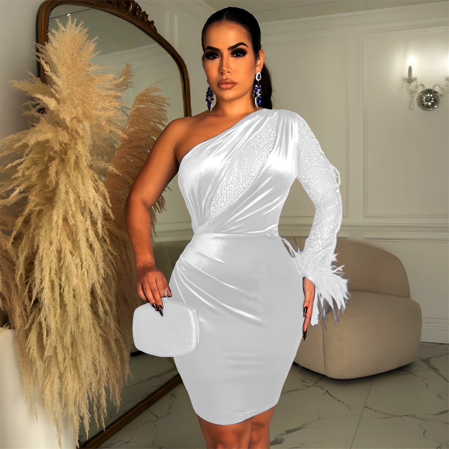 Sexy Feather Hot Rhinestone One Shoulder Party Club Mini Dress Women Velvet  Long Sleeve Backless Elegant Outfit Evening Dresses