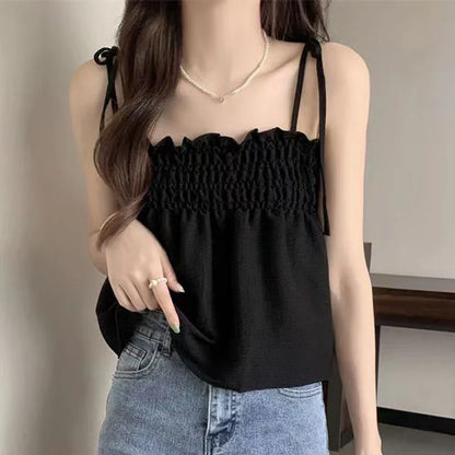 vmtvr Sexy Off Shoulder Camis Women Summer Ruched Loose Lace Up Tops Y2K All Match Female Korean Black Tanks New