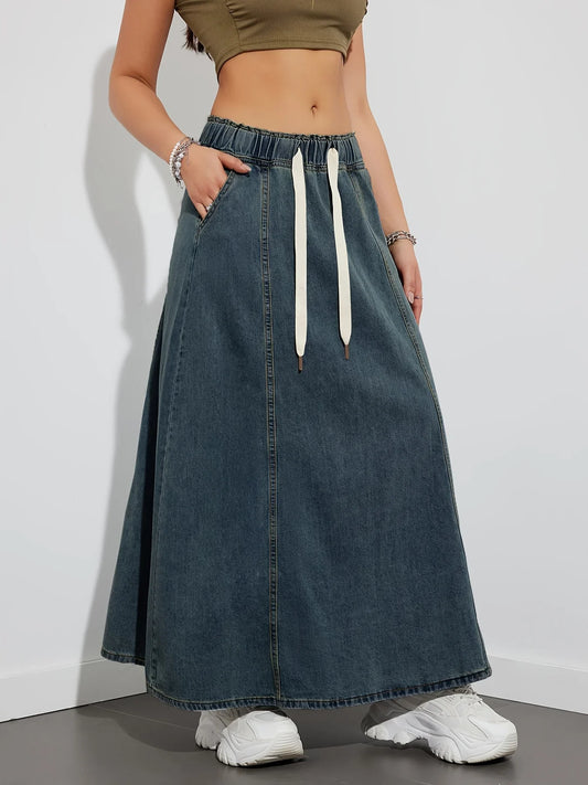 vmtvr Chic High Waist Ladies Long Pockets Lace Up Jeans Skirts 2024 Summer Autumn Women Denim Midi A-Line Maxi Skirts