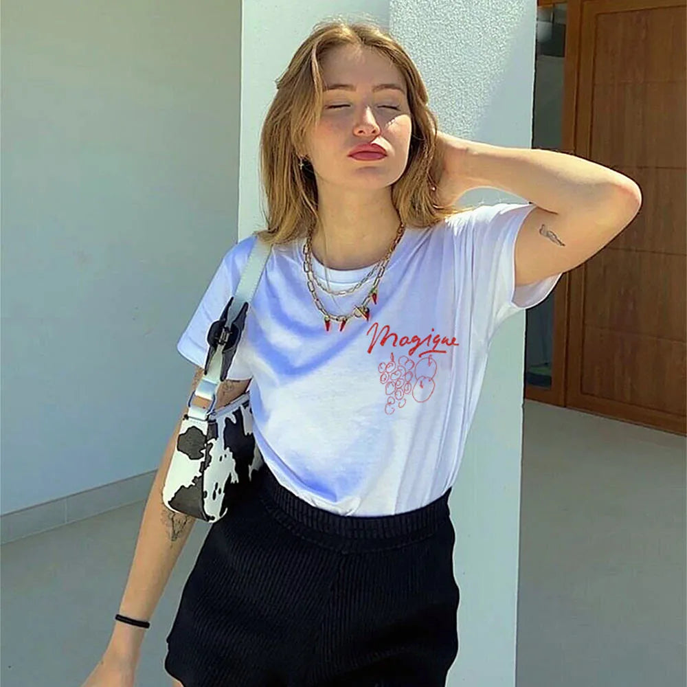 -Retro sports style outfit streetwear 90s fashion  Summer French Chic Female White Loose T Shirts Short Sleeve Cherry Illustration Printing Loose Cotton Ins Fashion Tops Tees