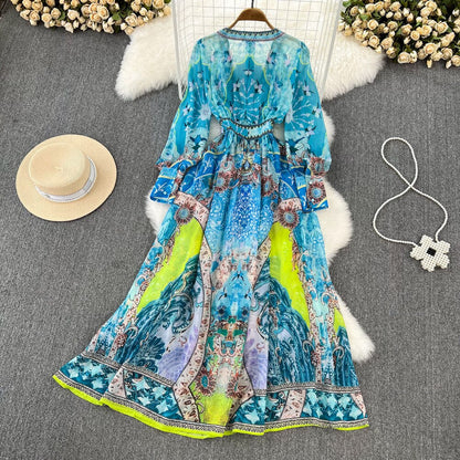 Spring Autumn Elegant Blue Maxi Dresses for Women Printed Boho Chiffon Thin Female Long Robe Beach Vacation Deep V-Neck Sexy New