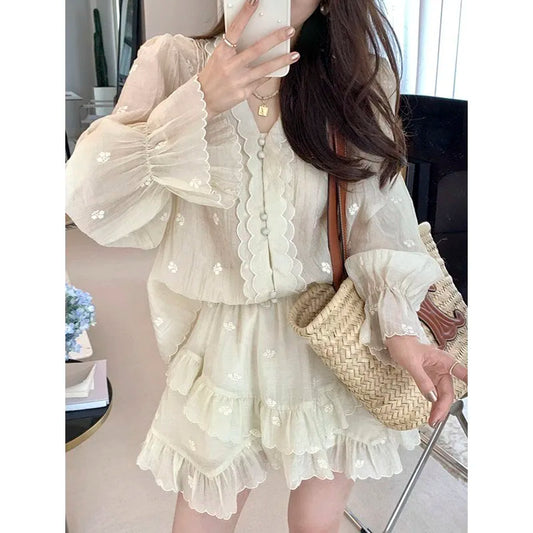 vmtvr Casual Fashion Skirt Suit Women's New Summer Shirt And Long-sleeved Shirt Top 2-piece Set