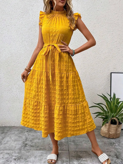 vmtvr  -  Ladies summer new fashion ruffled flying sleeves lace-up textured dress Office Lady dress