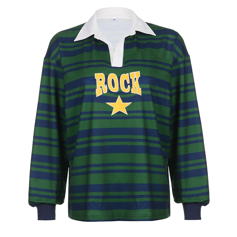 Harajuku Green Stripe Star Print Loose Women's Sweatshirt Preppy Autumn Pullover Tops Korean Clothes Sweat Shirts Y2K