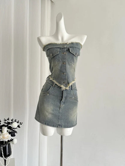 vmtvr 2024 Summer Vintage 2 Piece Skirt Set Women Casual Y2k Sleeveless Tops + Office Lady Slim Mini Skirt Fashion Sweet Denim Suits