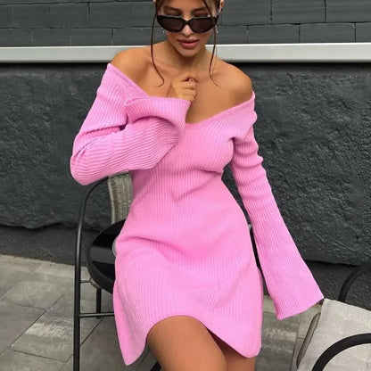 vmtvr  -  Knitted Off Shoulder V Neck Mini Dress Women's Sexy High Waist Long Sleeve Dress White Knitted Sweater Dress Robe Women