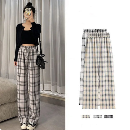 vmtvr Koreon Harajuku Casual Women Plaid Pants Spring Summer Thin Elastic High Waist Streetwear Fashion Loose Sports Straight Trousers