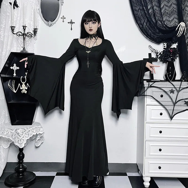 vmtvr  -  Halloween Gothic Vintage Dress Women Square Neck Patchwork Spider Web Flare Sleeves Cosplay Long Party Dress