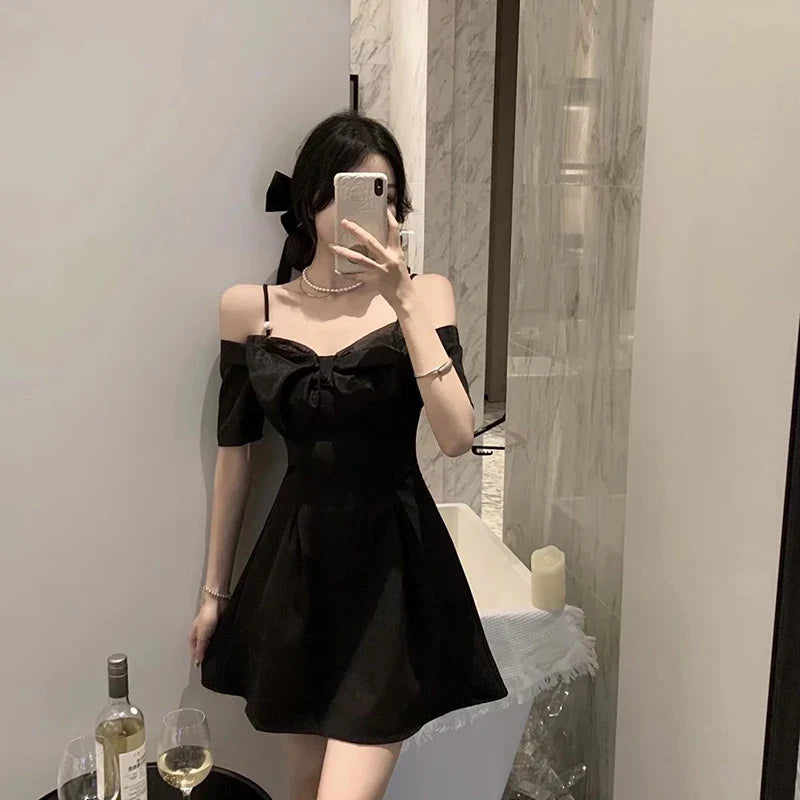 vmtvr Bow Sexy Slash Neck Dress Women Summer Korean Elegant White Mini Dress Fashion All Match Party Night Camis Vestidos