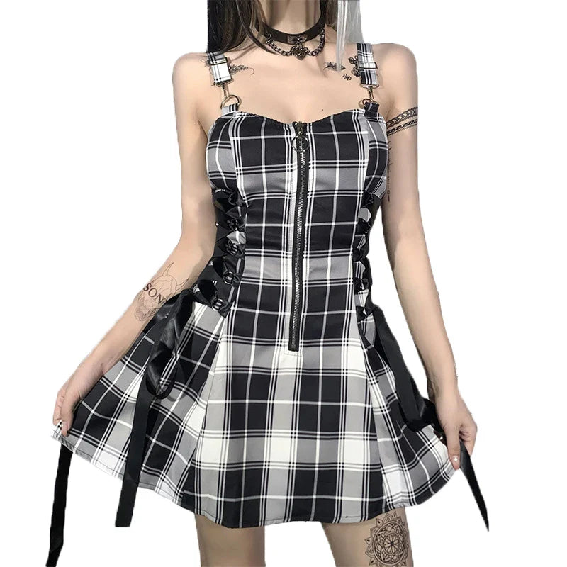 vmtvr  -  Kawaii Lolita Plaid Mini Dress Gothic E Girl Y2k Dresses Ulzzang Sweet Aesthetic Sets Sundress Fairy Grunge Cute Mall Dresses