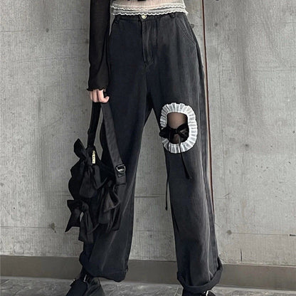 vmtvr Y2K Women Ripped Jeans Korean Bow Tie Bandage Loose Wide Leg Pants Summer Fashion Female All Match Student Denim Trousers