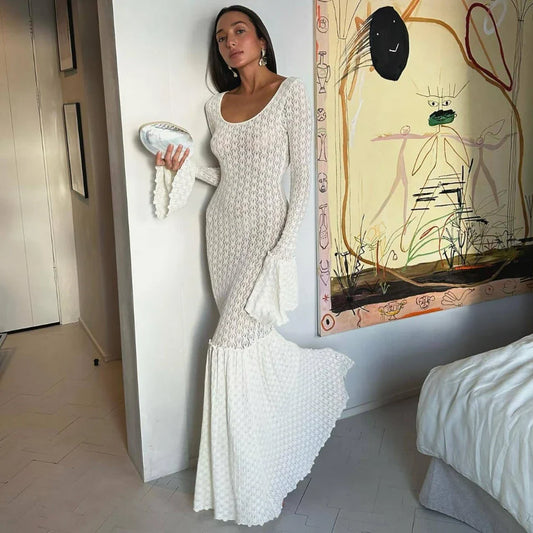 vmtvr  -  White Knitted Long Dress Women Sexy Hollow Out Sheer Slim Beach Dresses Summer Fashion Flare Sleeve Holiday Party Dress New