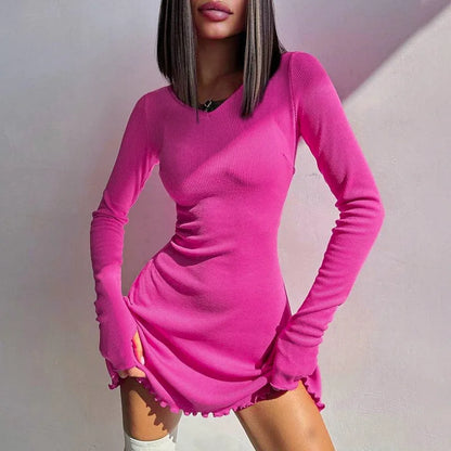 Solid Knitted Mini Dress for Women Elegant Outfits Fall Long Sleeve Bandage A-Line Vestido Plunge Dresses Clothes