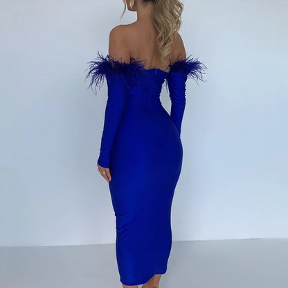 vmtvr Party Dresses For Women Outfits Elegant Off-shoulder Feather Sleeve Maxi Dress Women New Strapless Backless Bodycon Long Dress Vestido