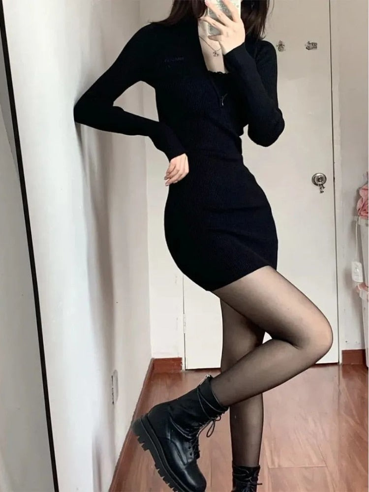 vmtvr - Black Bodycon Knitted Dress Women Sexy Wrap Slim Short Dresses Autumn Fall Solid Outfits Robes Femlae