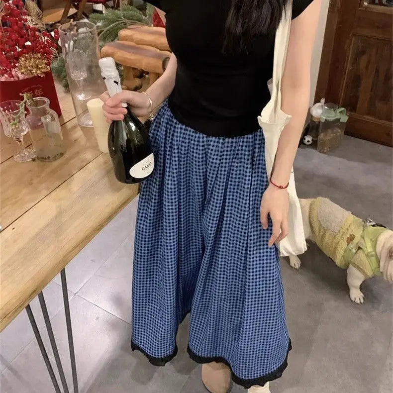 vmtvr Vintage Skirts for Women Korean Jupe High Waist A-line Loose Saia 2024 Faldas Casual Chic Plaid Summer Long Skirt