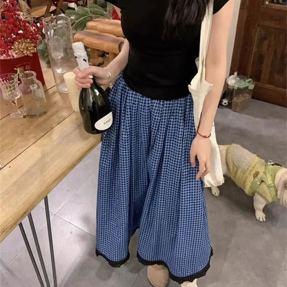 vmtvr Vintage Skirts for Women Korean Jupe High Waist A-line Loose Saia 2024 Faldas Casual Chic Plaid Summer Long Skirt