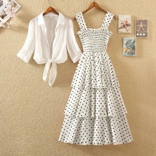 vmtvr Y2K Camis Dress White Shirt 2 Piece Sets Summer Fashion Polka Dot Women Midi Dress Korean All Match Female Short Sleeve Shirts