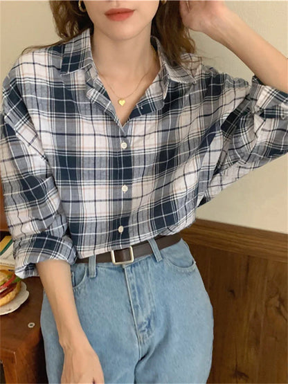 vmtvr Women Blouse Female Shirt Summer Womens Blouses Spring Blusas Casual Elegant Vintage Long Sleeve Cotton Oversize Loose Plaid