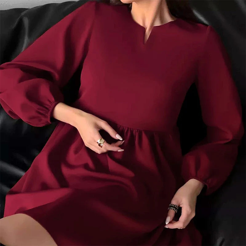 vmtvr Elegant O-neck Long Sleeve Waist Party Dress 2024 Spring Summer Casual Loose Mini Dress Women Fashion Pleated Solid A-Line Dress