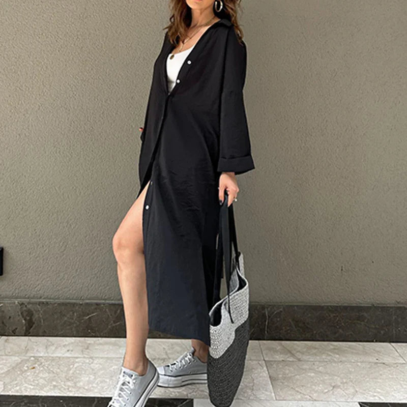 vmtvr  -  Spring Casual Solid Lazy Long Shirt Dress Women Single Breasted Split A-Line Party Dress New Autumn Long Sleeve Lady Party Dress