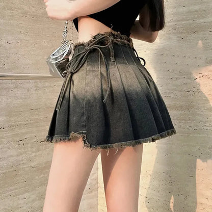 vmtvr Fashion Irregular Jeans Skirts Vintage Female Casual Tassel Mini Skirts Summer All Match Gradient Lace Up Pleated Skirts