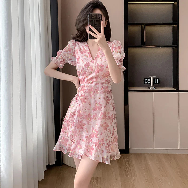 vmtvr 2024 Pink Floral Chiffon Sequins Luxury Prom Clothes Women Short Sleeve V-Neck Casual Ruffled Dress Summer Korean Fashion Dress