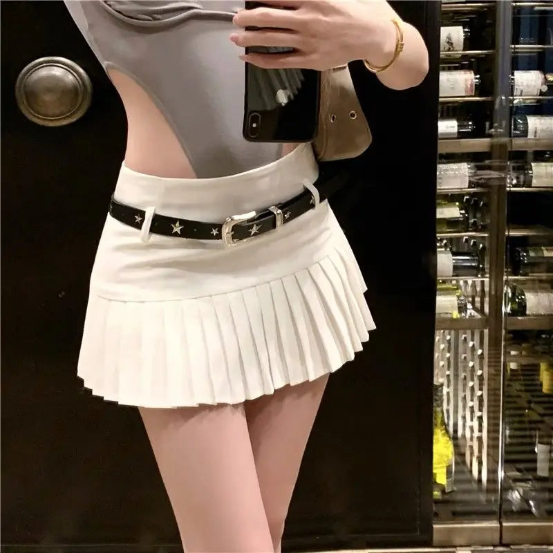 vmtvr  -  Women Pleated Skirt White Short Skirt Patchwork Y2k A-line Dress High Waist Harajuku Design Streetwear Sweet Vintage Chic Sexy