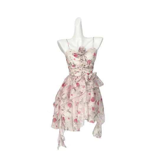 vmtvr  -  Pink 3D Floral Suspender Dress Wome Summer New Clothing Holiday Temperament Irregular Ruffles Fashion Short Party Dresses