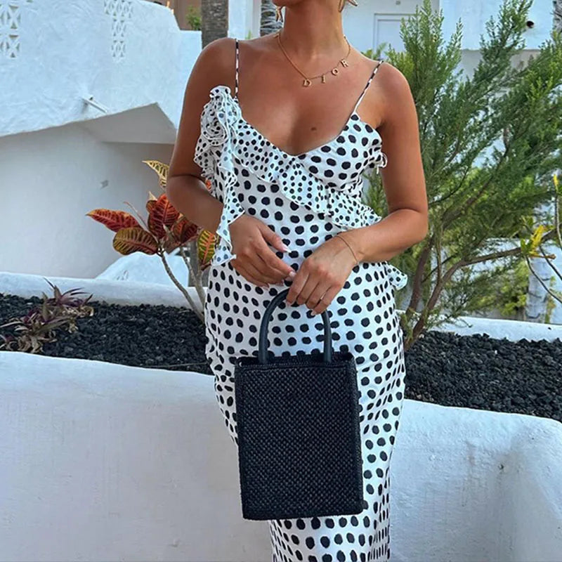 vmtvr Summer Polka Dot Flower Slim Club Party Dress Female V-Neck Ruffle Spaghetti Strap Cocktail Dress Elegant Banquet Long Dresses