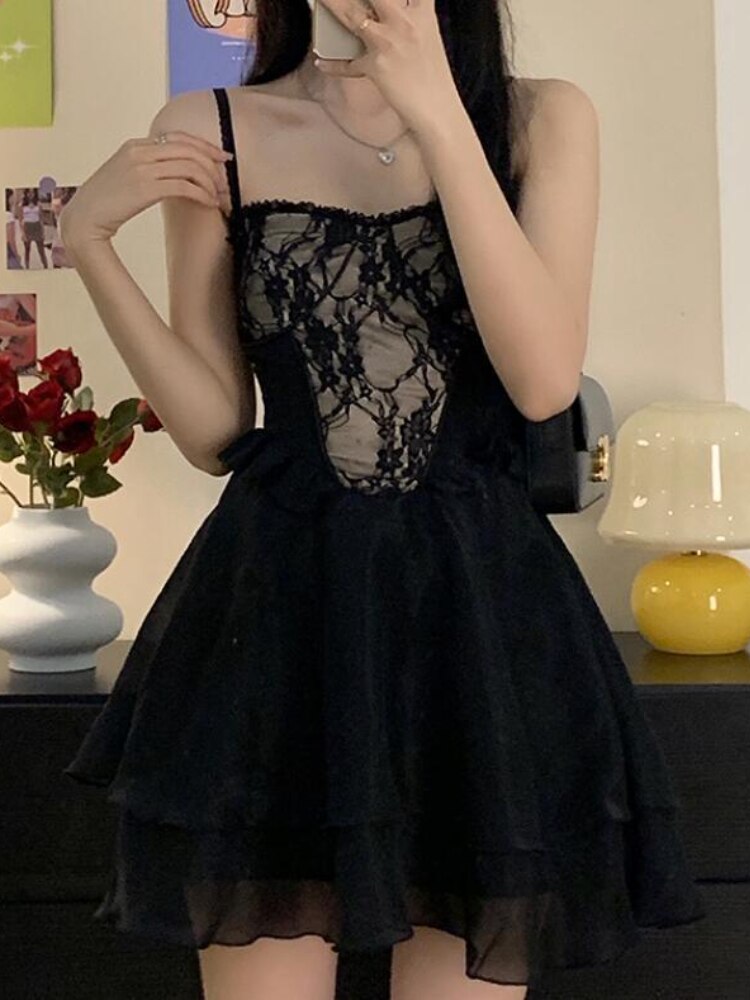 Summer Black Chic Dress Women Lace Patchwork Sexy Party Mini Dresses Female Designer Korean Fashion Fluffy Elegant Dresses 2023