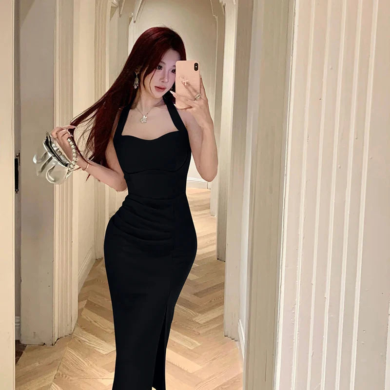 vmtvr  -  Sexy Neck-mounted Backless Midi Dresses for Women Summer New Sleeveless Split Black Elegant Evening Party Female Clothing